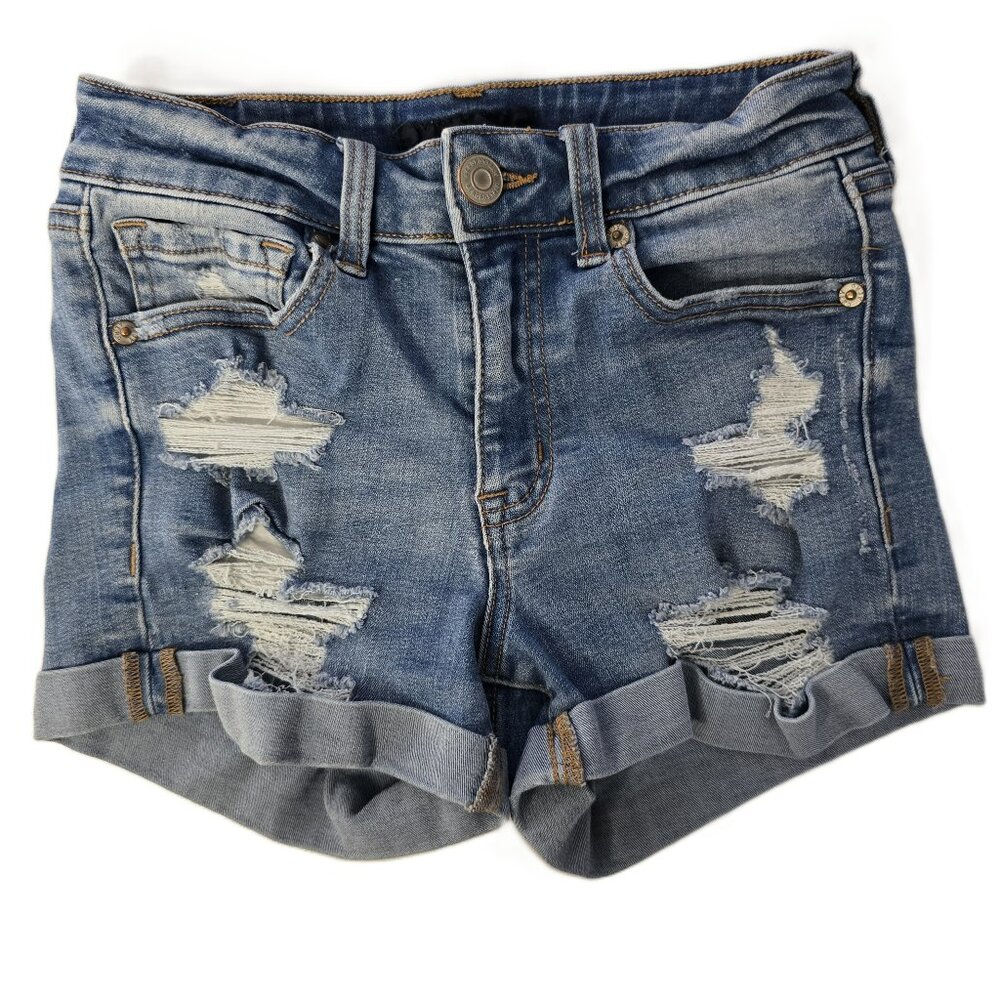 Aeropostale High Rise Distressed Denim Midi Jean Shorts Womens Jrs Size 00 XXS